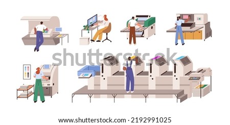 Work with polygraphy equipment in publishing industry, production. Digital, offset devices, machines set for print, color proof, cut, laminate. Flat vector illustrations isolated on white background