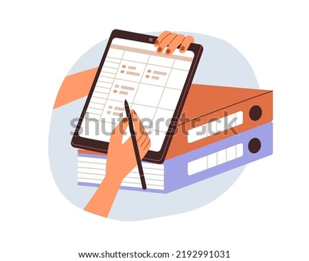 Hand with business document on clipboard, office folders, filling employee survey form. Holding paper at work, writing, ticking checkboxes. Flat vector illustration isolated on white background