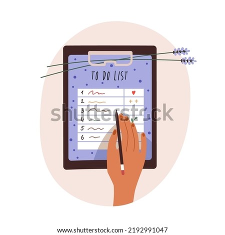 Writing daily plan on to-do list form. Hand with pen making todo notes on paper sheet on clipboard. Organizing personal time, schedule. Flat graphic vector illustration isolated on white background