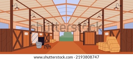 Empty stable, stall panorama. Inside wood shed interior. Paddock building for farm livestock, cattle, horse. Rural country storehouse hangar background with hay, gate. Flat vector illustration Foto d'archivio © 