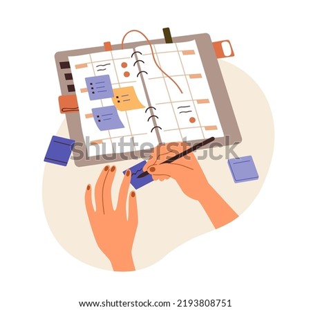 Writing plans on sticky memo notes, making schedule in paper planner, notebook. Hands with pen and personal timetable, reminders in organizer. Flat vector illustration isolated on white background
