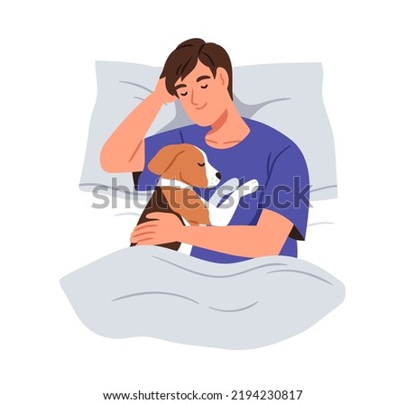 Happy person sleeping with dog in bed. Pet owner and cute doggy asleep at night. Man dreaming together with canine animal on pillow under blanket. Flat vector illustration isolated on white Photo stock © 