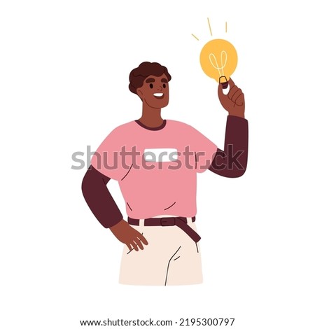 Happy smart person finding solution, having brilliant idea, lightbulb. Business concept of insight, creative thought, inspiration. Flat graphic vector illustration isolated on white background