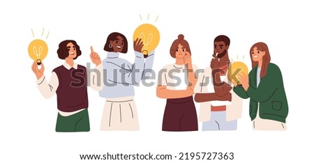 Brainstorm, idea discussion concept. Business team finding solution, thinking, sharing offers, lightbulbs. Creativity, creation process. Flat graphic vector illustration isolated on white background