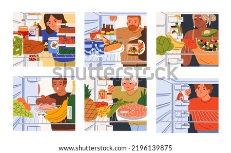 People look for food in fridge set, inside view. Hungry characters check refrigerators with different products, nutrition, choose eating. Flat graphic vector illustration isolated on white