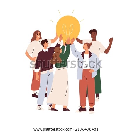 Creative business team and lightbulb. Work under brilliant idea, brainstorming, finding solution concept. Group collaboration, teamwork. Flat graphic vector illustration isolated on white background