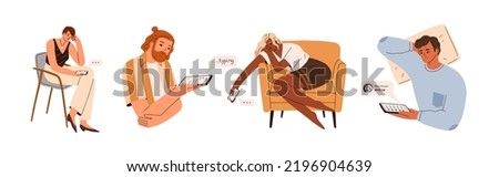 People with mobile phones wait for calls, online messages. Sad unhappy men, women with smartphones texting, expecting, hoping for smth. Flat graphic vector illustrations isolated on white background
