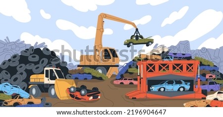 Old cars pile at junkyard. Auto dump scrap junk yard with broken automobiles. Utilization transport grabbing crushed rusty vehicle trash for dismantling, sorting at scrapyard. Flat vector illustration
