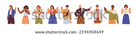 People show stop gesture, warning refusing sign with hand. Men, women characters disagree, reject with silent arm signal of denial, ban. Flat graphic vector illustrations isolated on white background