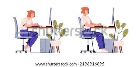 Correct good position vs bad incorrect posture for sitting at computer desk. Right and wrong back and neck poses of woman at workplace. Flat graphic vector illustration isolated on white background