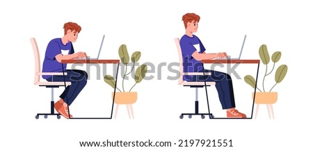 Sitting in bad and good postures at computer desk. Right correct vs wrong incorrect positions in chair. Healthy and unhealthy back poses. Flat graphic vector illustration isolated on white background