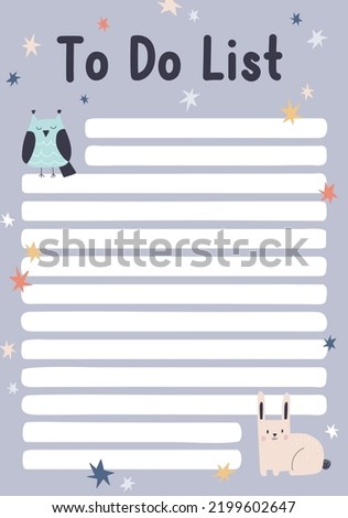 To-do list page design in Scandinavian style. Todo, plan paper template with cute animals and stars decoration. Blank background with lines for planner, diary. Colored flat vector illustration