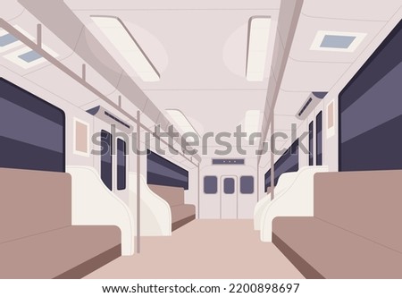 Empty subway train. Inside metro carriage. Underground car in perspective view. Public municipal transport, MRT, tube with bench seats, handrails, doors, windows, light. Flat vector illustration