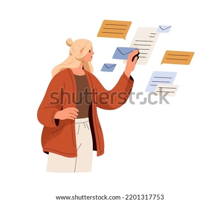 Employee receiving e-mail letters, business messages, documents. Office worker woman works with official papers, inbox emails, envelopes. Flat vector illustration isolated on white background