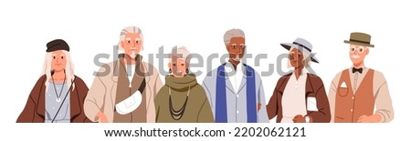 Senior elderly people in modern fashion apparel. Happy old men and women. Banner with stylish aged characters portrait in trendy outfit, clothes. Flat vector illustration isolated on white background