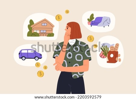 Personal finance management and budget, expenses planning concept. Person choosing, deciding what to spend money on. Financial distribution, strategy, solutions and targets. Flat vector illustration Foto d'archivio © 