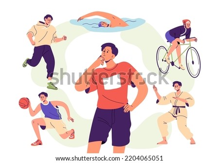 Choose sport, physical activity for health concept. Man thinks, makes choice from different workout options, jogging, swimming, cycling. Flat graphic vector illustrations isolated on white background