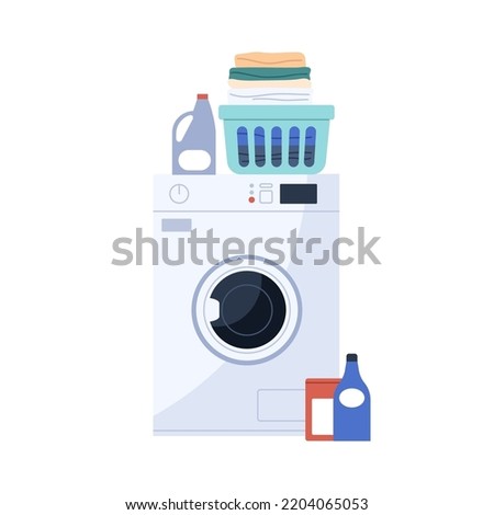 Electric washing machine, detergents and laundry in basket. Home washer appliance, bottles and stacked clean clothes, fresh garments. Flat vector illustration isolated on white background