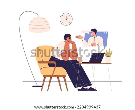 Online video call of colleagues. Virtual remote business communication. Work via internet, network concept. People at distant meeting from home. Flat vector illustration isolated on white background