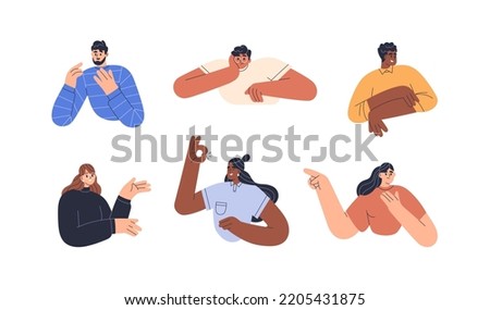 Happy people gesturing, showing, presenting. Excited smiling men, women advertising, speaking set. Characters with positive emotions. Flat graphic vector illustrations isolated on white background