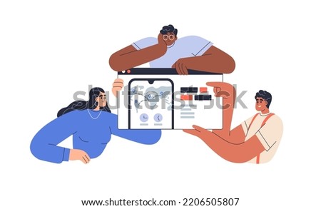 Team of developers and designers presenting digital project, website interface. Business people at web product, site, landing page presentation. Flat vector illustration isolated on white background