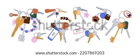 Door keys hanging on rings with keyfobs, keychains, tags, trinkets set. Different accessories, pendants, fobs on keyrings, holders. Flat graphic vector illustration isolated on white background