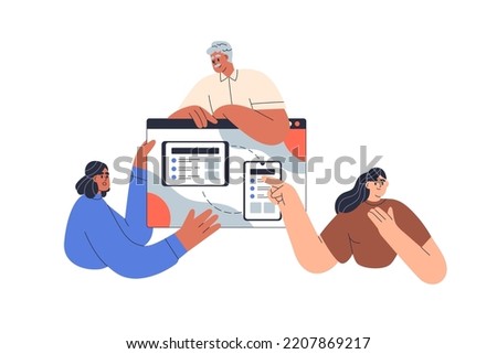 Team presenting interface design, digital project. Business presentation of website, app. Designers, developers and online web product. Flat graphic vector illustration isolated on white background