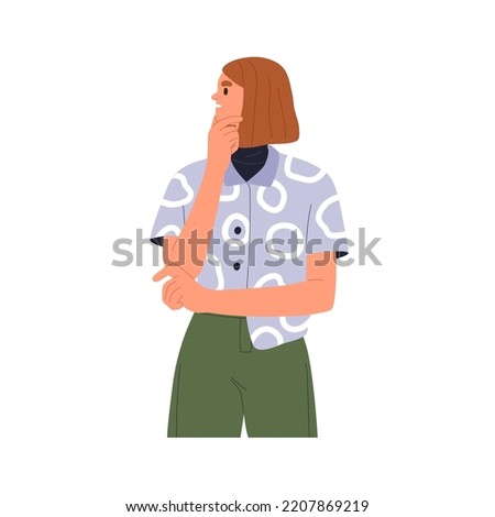 Woman thinking, wondering, pondering. Young curious puzzled girl in thoughts. Thoughtful reflective pensive female character. Flat vector illustration isolated on white background