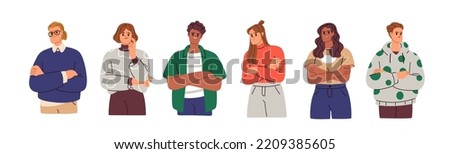 Sceptic unsure people doubt, think with suspicious puzzled face expressions. Doubtful serious characters set. Mistrust, distrust and disbelief. Flat vector illustrations isolated on white background