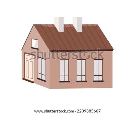 Residential house building exterior, outside view. Dwelling living home facade design, architecture with chimney on roof, windows and door. Flat vector illustration isolated on white background