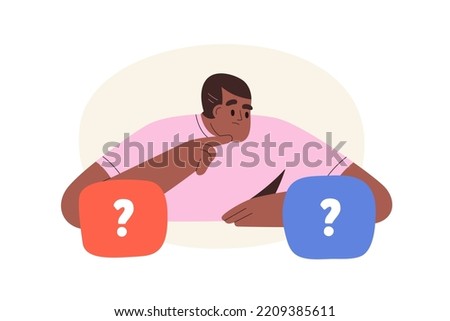 Choice between two options. Dilemma concept. Puzzled questioned man doubting, deciding, choosing, comparing alternatives, risks. Flat graphic vector illustration isolated on white background Foto d'archivio © 