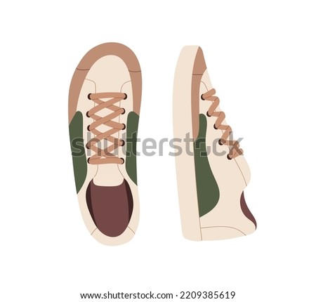 Sport shoes pair. Fashion modern casual sneakers top and side view. Comfy footwear. Comfortable trainers, foot wearing. Laced footgear. Flat vector illustration isolated on white background
