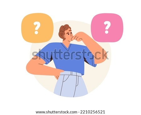 Puzzled questioned person doubting in decision, right choice making. Confused man deciding, choosing between variants. Dilemma concept. Flat graphic vector illustration isolated on white background