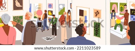 People in modern art gallery. Visitors walking, looking at paintings, watching abstract pictures on walls at contemporary artworks exhibition in public museum, panorama. Flat vector illustration