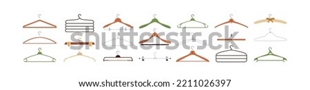 Clothes hangers set. Empty accessories with hooks from metal wire, wood, plastic, vinyl for hanging pants, coat. Different coathangers. Flat graphic vector illustrations isolated on white background