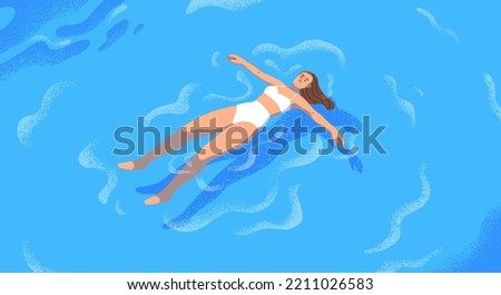 Happy calm woman floating, lying on water surface. Young girl in bikini swimming on back in sea, blue aqua. Serene female character relaxing in harmony on summer holiday. Flat vector illustration