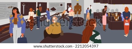 People in ancient and medieval history museum. Visitors tourists at archeology exhibit, historical exhibition with old objects display in archaeological gallery panorama. Flat vector illustration