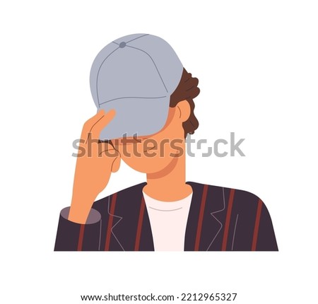 Man hiding face behind caps visor. Cool young guy stranger, head portrait. Incognito in headwear, anonymous unknown person, character avatar. Flat vector illustration isolated on white background