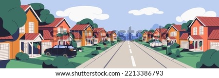 Street with houses at suburban residential district. Home buildings, road in small town. Real estate in suburbs. Suburbia landscape, outskirts panorama in perspective. Flat vector illustration