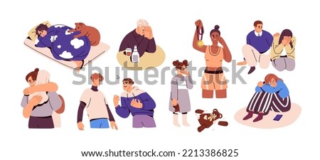 People in tears, whiny mood. Crying, weeping, sobbing, whining tearful characters set. Sad depressed desperate unhappy men, women, child. Flat graphic vector illustrations isolated on white background