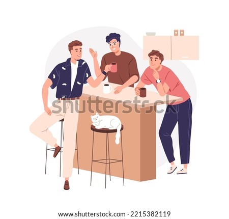 Men friends gathering at home kitchen. Guys buddies hanging out, talking at tea party. Bros meeting together. Male friendship concept. Flat vector illustration isolated on white background