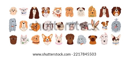 Cute dogs faces set. Canine head portraits of different doggy breeds. Funny puppies muzzles. Happy pups avatars of bulldog, poodle, pug. Flat graphic vector illustrations isolated on white background