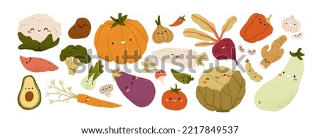 Cute vegetable characters with funny kawaii faces. Happy smiling healthy food set. Fun pumpkin, ginger, cauliflower and avocado. Kids flat graphic vector illustrations isolated on white background