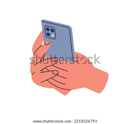 Hands holding mobile phone. Back side, panel of smartphone with cameras for taking photo. Using cellphone, telephone device, recording video. Flat vector illustration isolated on white background