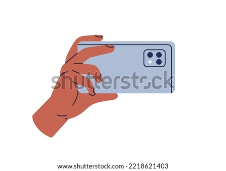 Hand taking photo with mobile phone, using smartphone camera. Holding cellphone horizontally for shooting, recording horizontal video. Flat graphic vector illustration isolated on white background