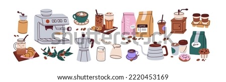 Coffee elements set. Machine, brewing tools, accessories, paper cups, glasses, beans, bags and bakery. Coffeehouse stuff, grinder, cezve, kettle. Flat vector illustrations isolated on white background