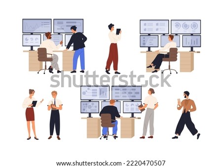 Big data analysis, science. Database information control, management, monitor and analytics concept. People work at multiple screen computer set. Flat vector illustrations isolated on white background