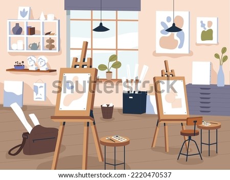 Art studio interior. Classroom, workshop of creative class, drawing school. Painting atelier with paper, canvas on easels, tools, supplies, accessories and equipment. Colored flat vector illustration