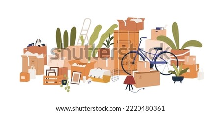 Belongings packed in cardboard boxes. Personal stuff in carton packages stack for relocation, moving to new house. Heap, plenty of cartons. Flat vector illustration isolated on white background