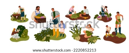 Farmers, gardeners during farm, garden works set. People, kid, agriculture workers care about plant, crop, picking vegetable at backyard. Flat graphic vector illustrations isolated on white background